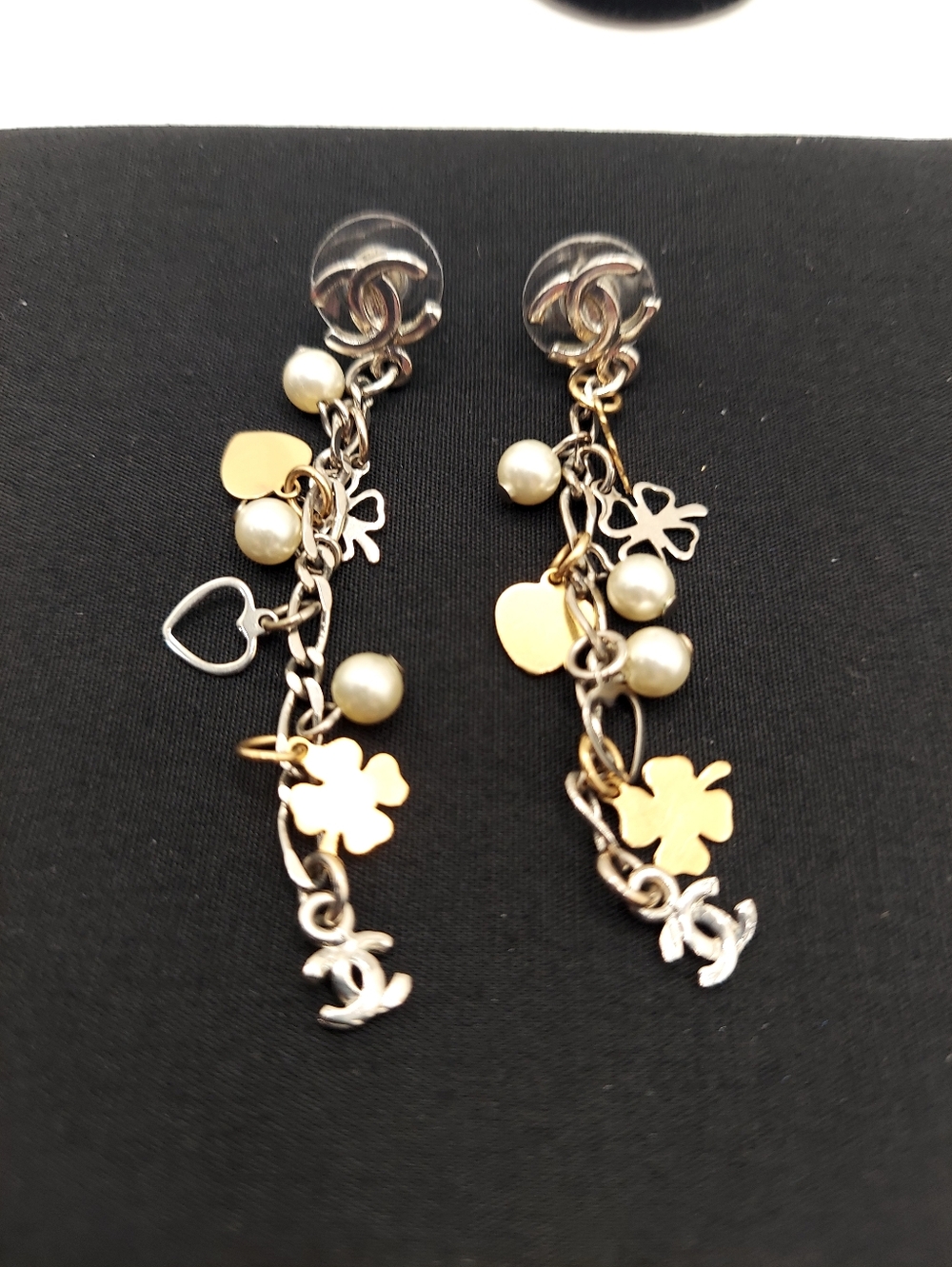 Chanel CC Clover and Heart Dangle Pierced Earrings Gold Silver VGC